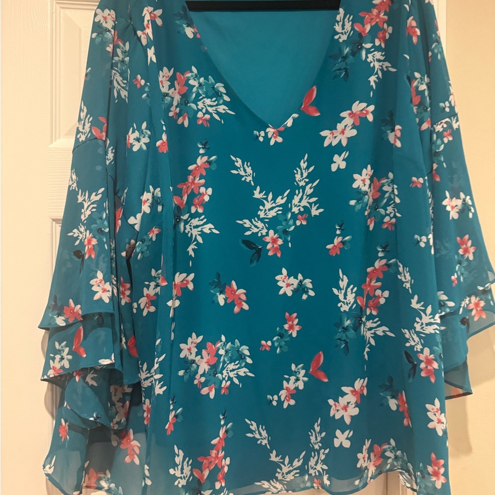Avenue Teal Floral Blouse with Ruffle Sleeves